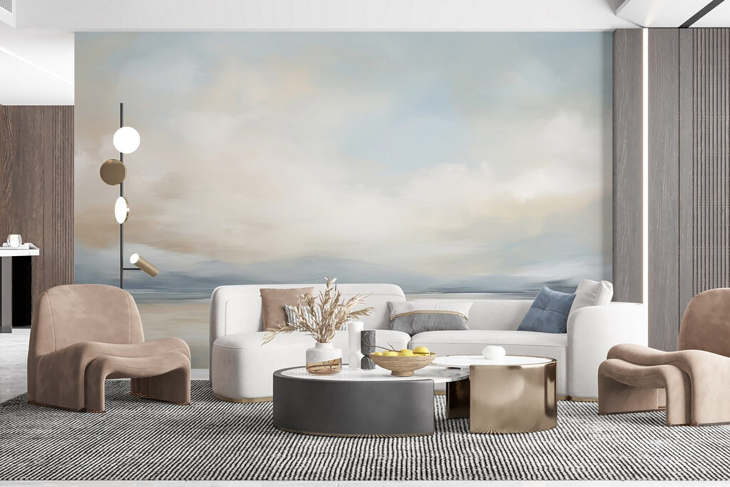 Plage aux nuages peints dans un intérieur