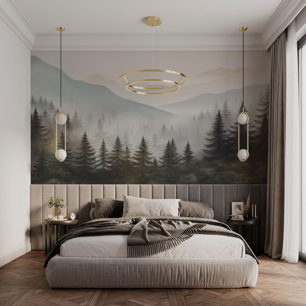 Pins et crêtes brumeuses dans un intérieur