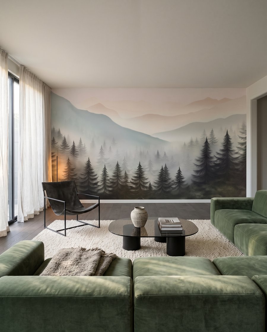 Pins et crêtes brumeuses dans un intérieur