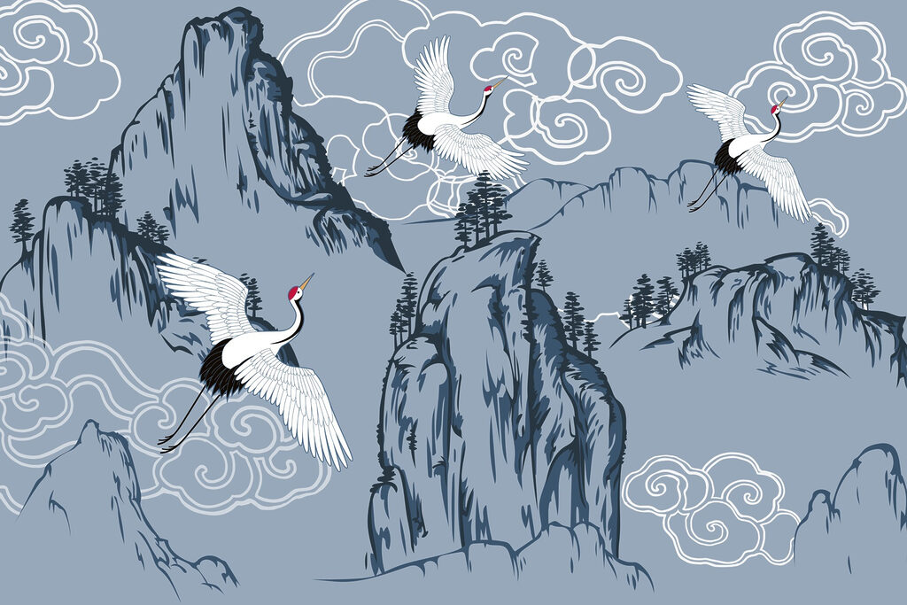 Grues au-dessus des montagnes — motif complet