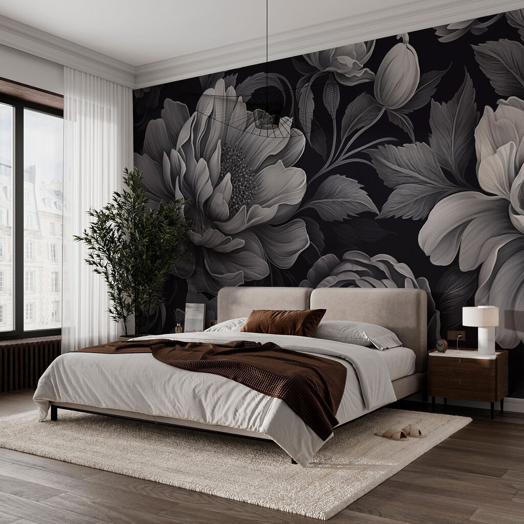 Fleurs grises sur noir dans un intérieur