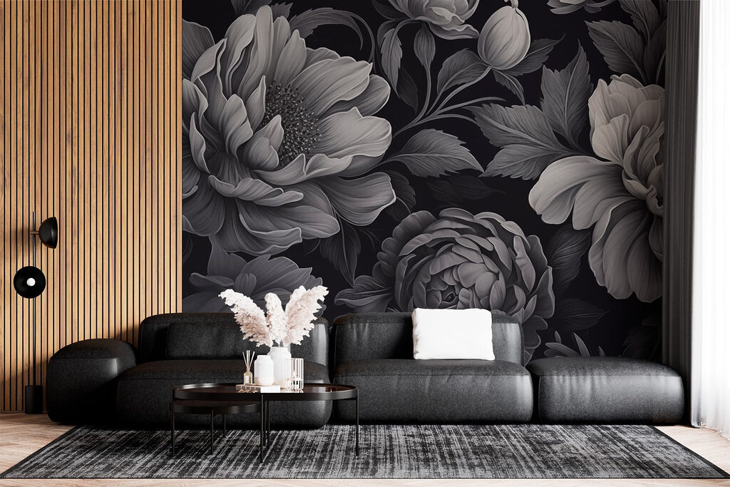 Fleurs grises sur noir dans un intérieur