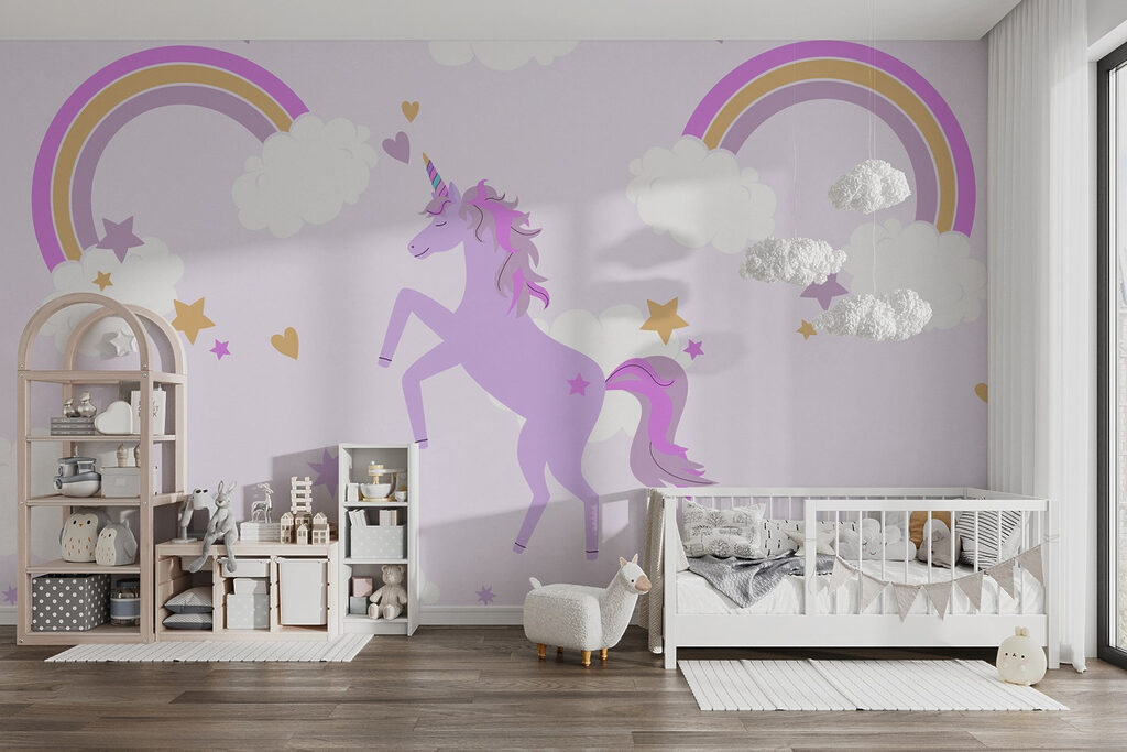 Licorne et arcs-en-ciel dans un intérieur