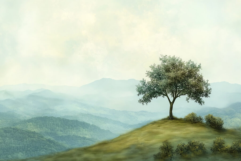 Arbre sur la colline — motif complet