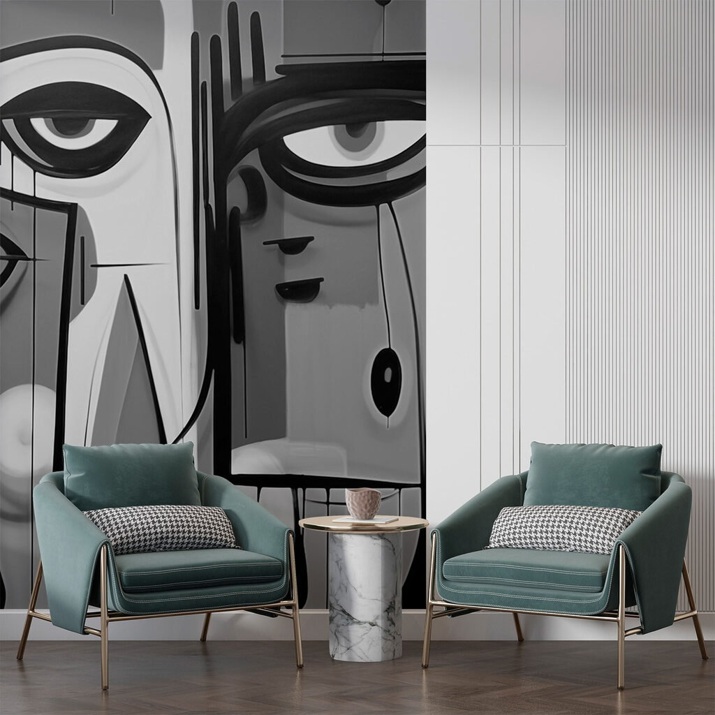 Visages stylisés dans un intérieur