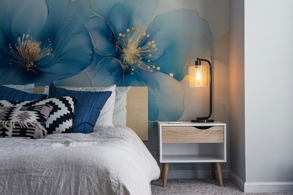 Fleurs bleues, points dorés dans un intérieur