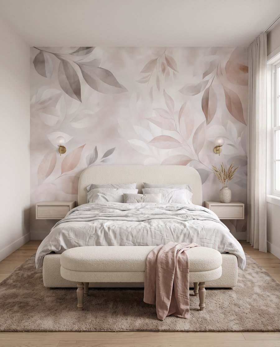 Feuillage rose et gris dans un intérieur