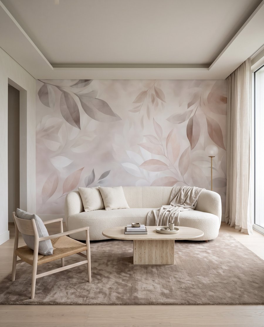 Feuillage rose et gris dans un intérieur
