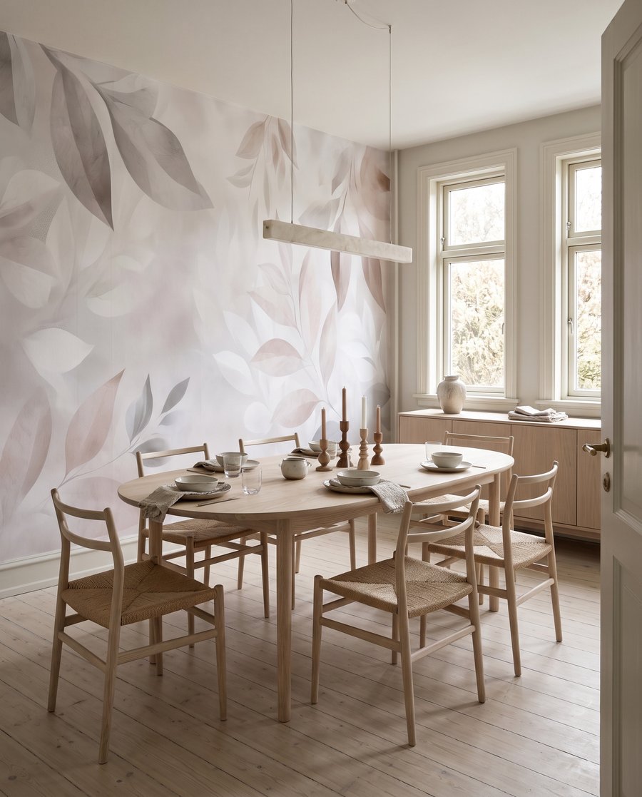 Feuillage rose et gris dans un intérieur