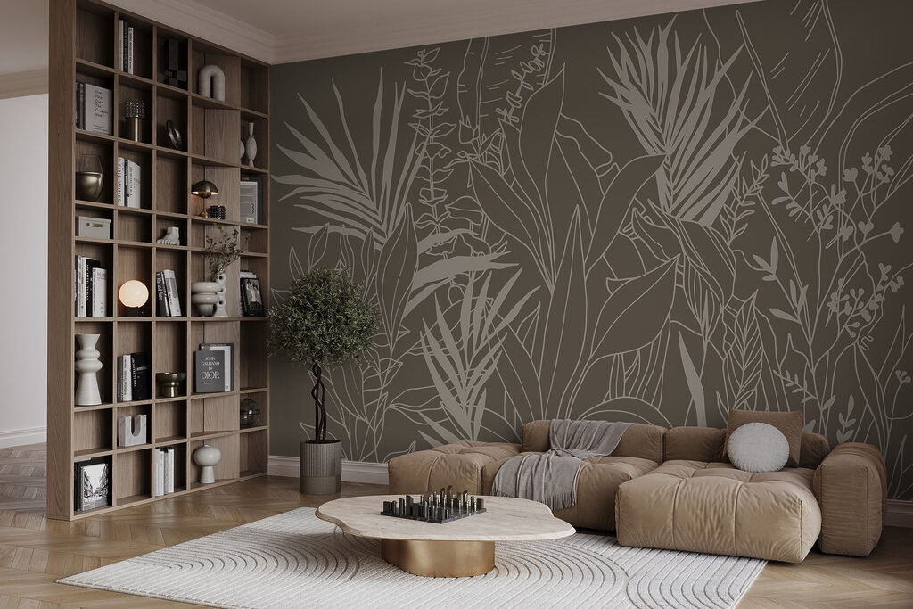 Branches tropicales à l’encre dans un intérieur