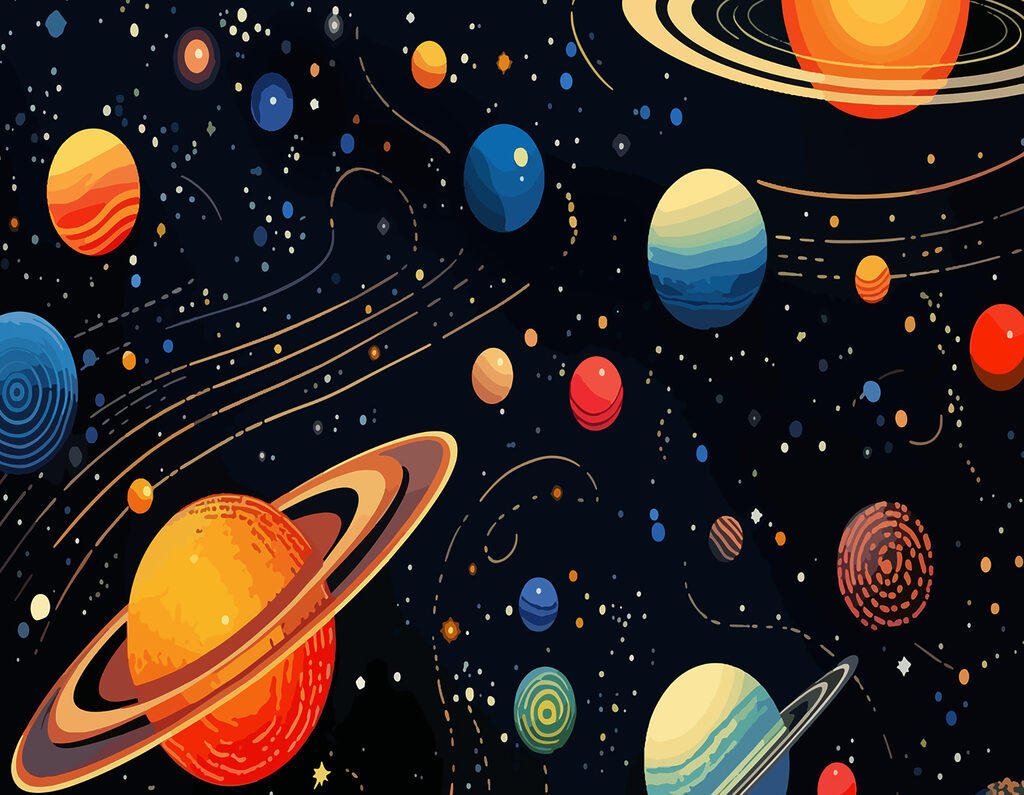 Planètes et étoiles colorées — motif complet