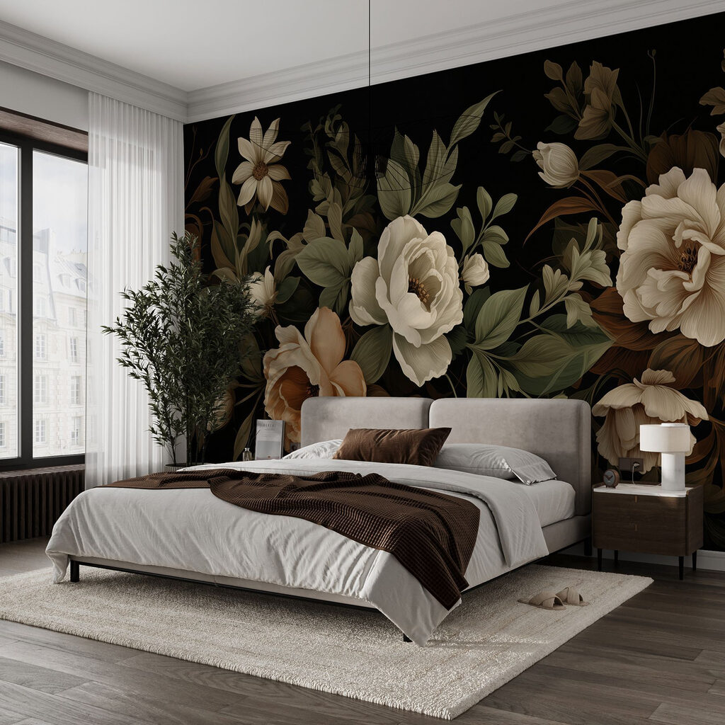 Fleurs d’antan sur noir dans un intérieur