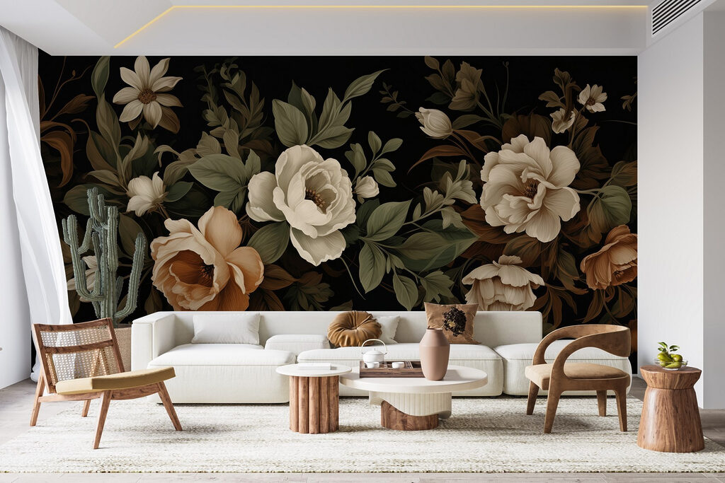 Fleurs d’antan sur noir dans un intérieur