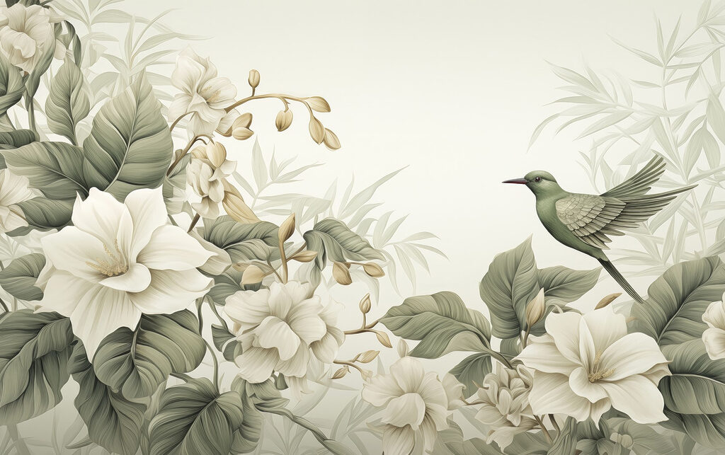 Colibri et fleurs crème — motif complet