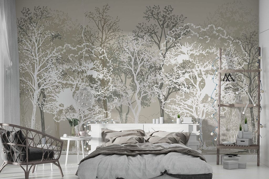 Arbres en lignes contrastées dans un intérieur