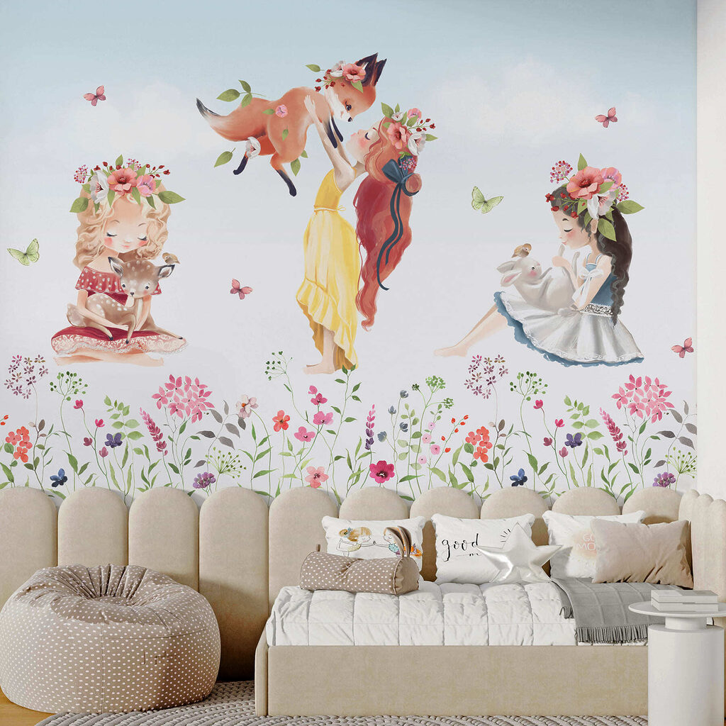 Fillettes et pré fleuri dans un intérieur