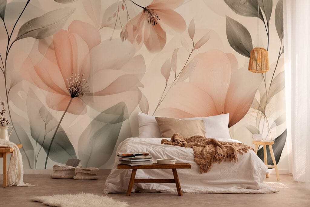 Fleurs pêche translucides dans un intérieur