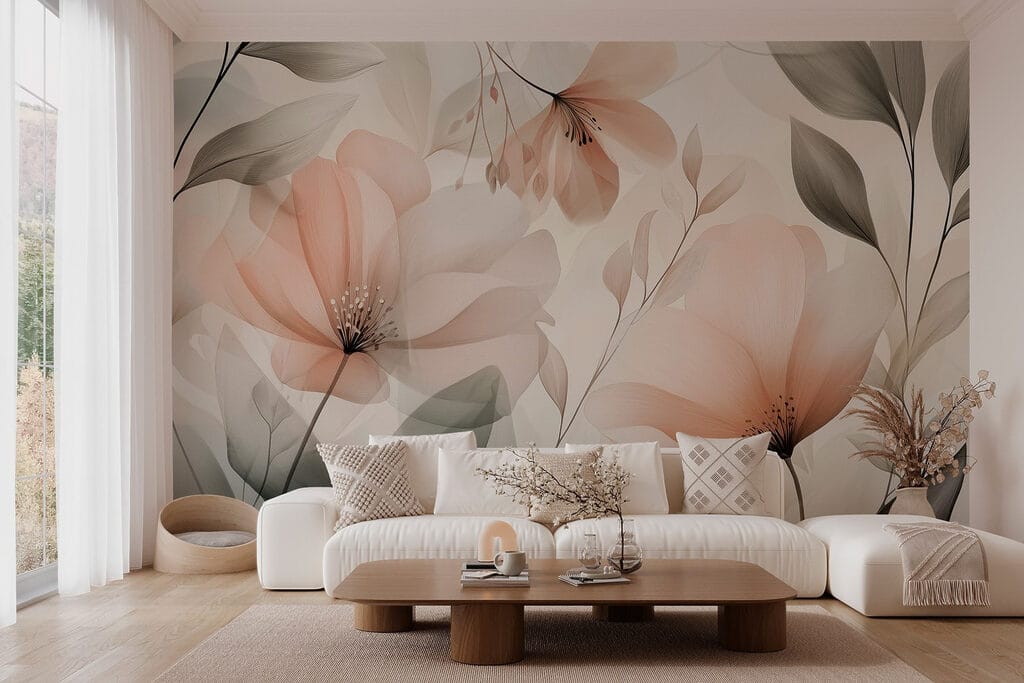 Fleurs pêche translucides dans un intérieur