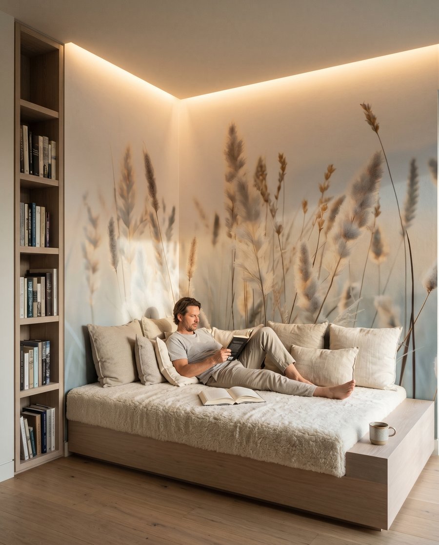 Graminées sur bleu tendre dans un intérieur