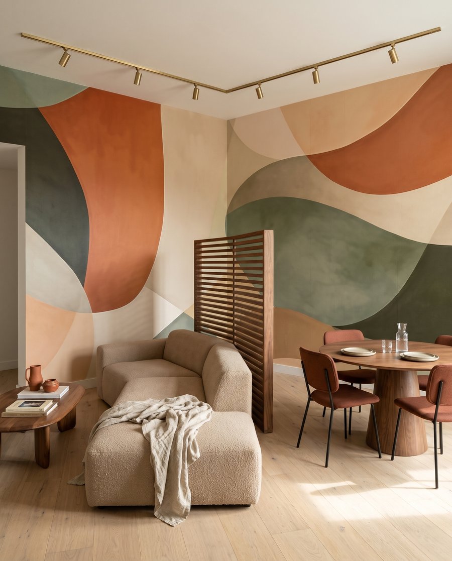 Courbes vertes et terracotta dans un intérieur
