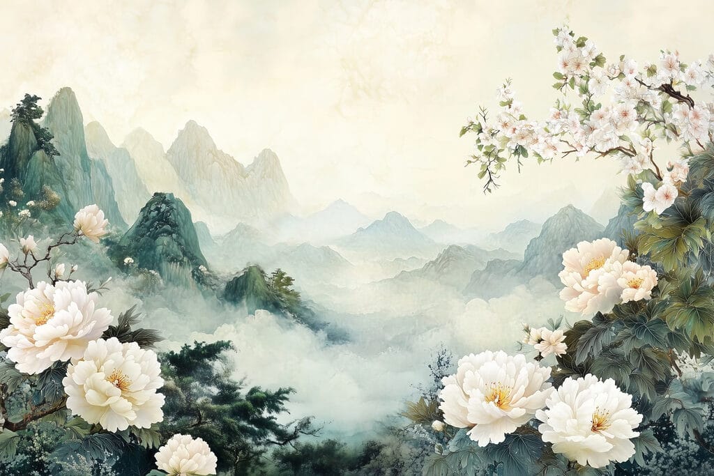 Fleurs et montagnes brumeuses — motif complet