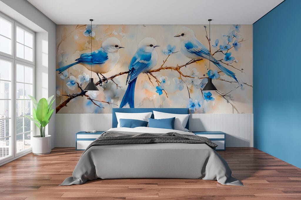 Trois oiseaux bleus dans un intérieur