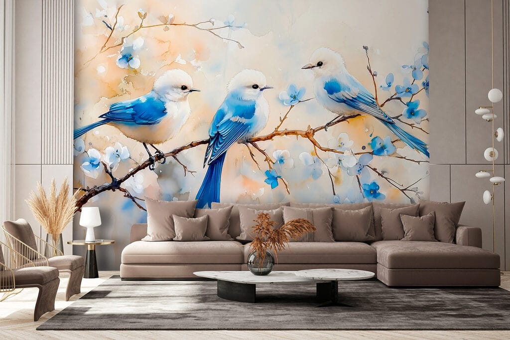 Trois oiseaux bleus dans un intérieur
