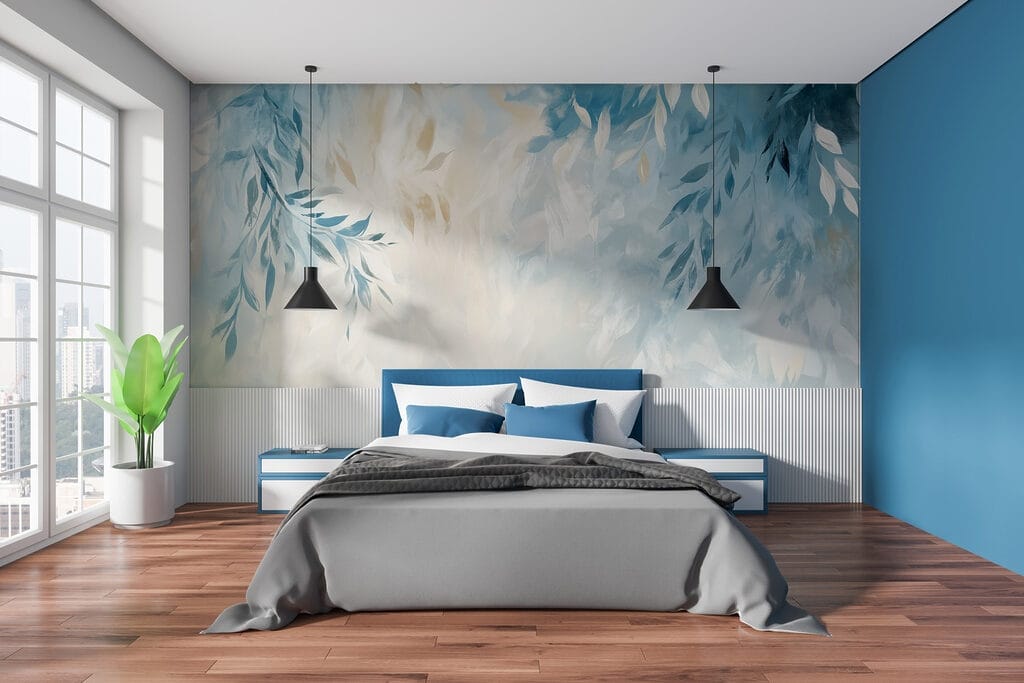 Feuilles bleues au soleil dans un intérieur