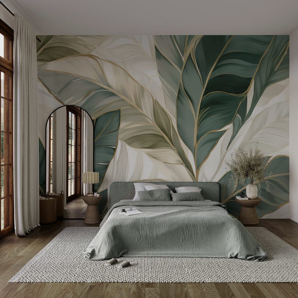 Feuillage vert, nervures d’or dans un intérieur