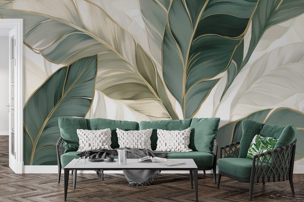 Feuillage vert, nervures d’or dans un intérieur