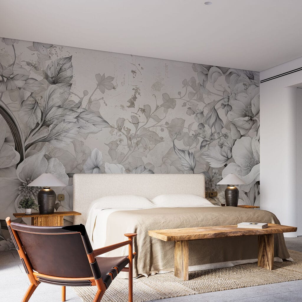 Fleurs façon gravure dans un intérieur