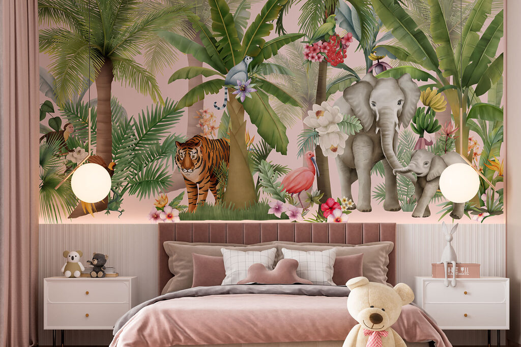 Animaux sous les palmiers dans un intérieur