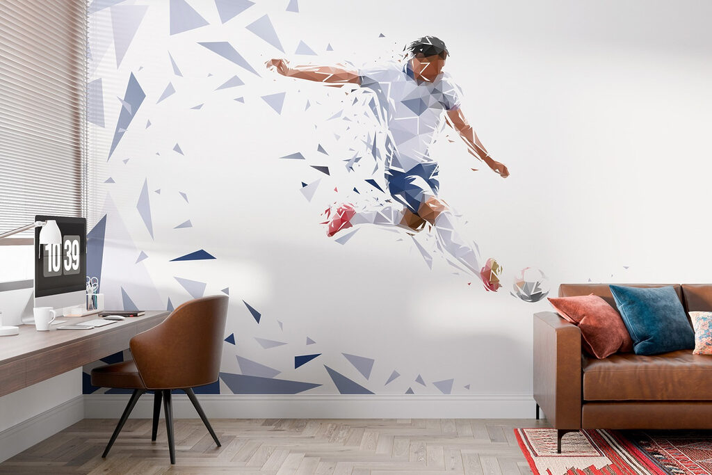 Footballeur et éclats bleus dans un intérieur
