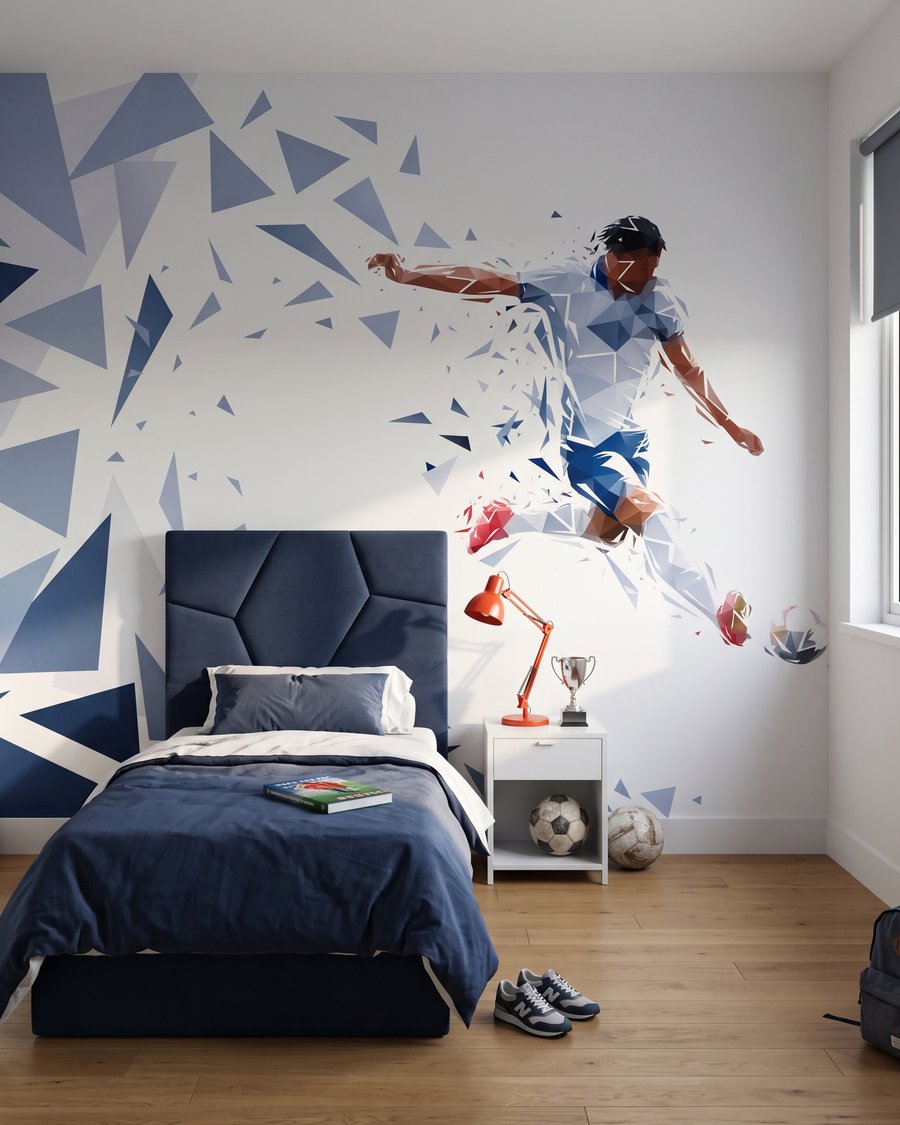 Footballeur et éclats bleus dans un intérieur