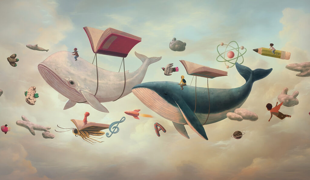 Baleines parmi les livres — motif complet
