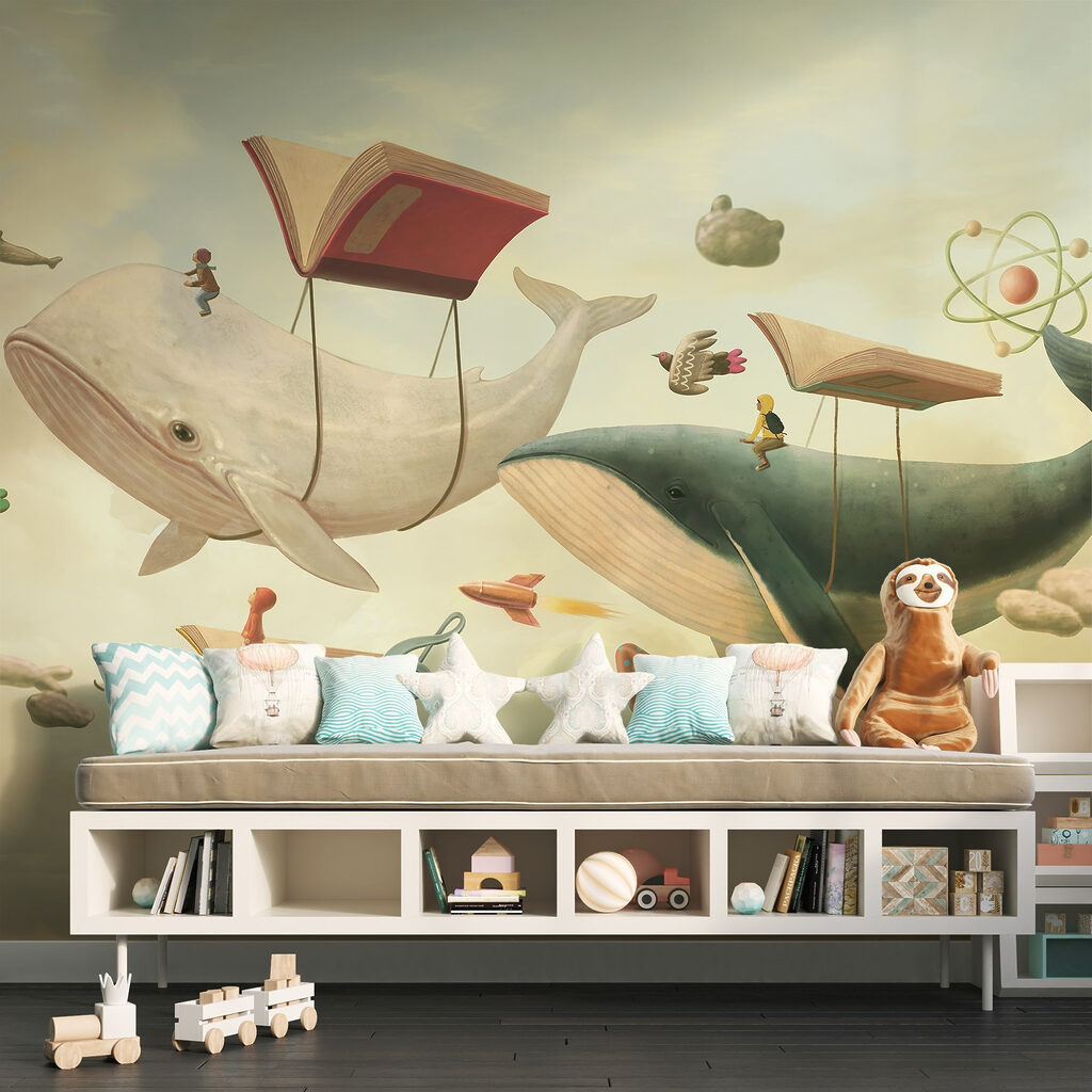 Baleines parmi les livres dans un intérieur
