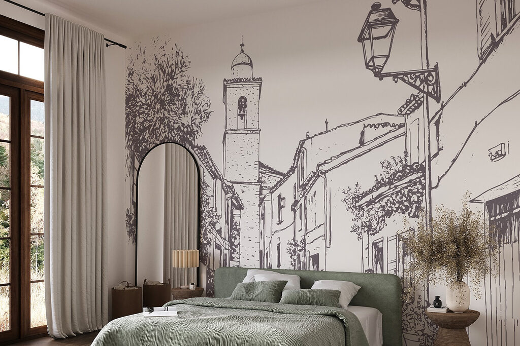Rue de village dessinée dans un intérieur