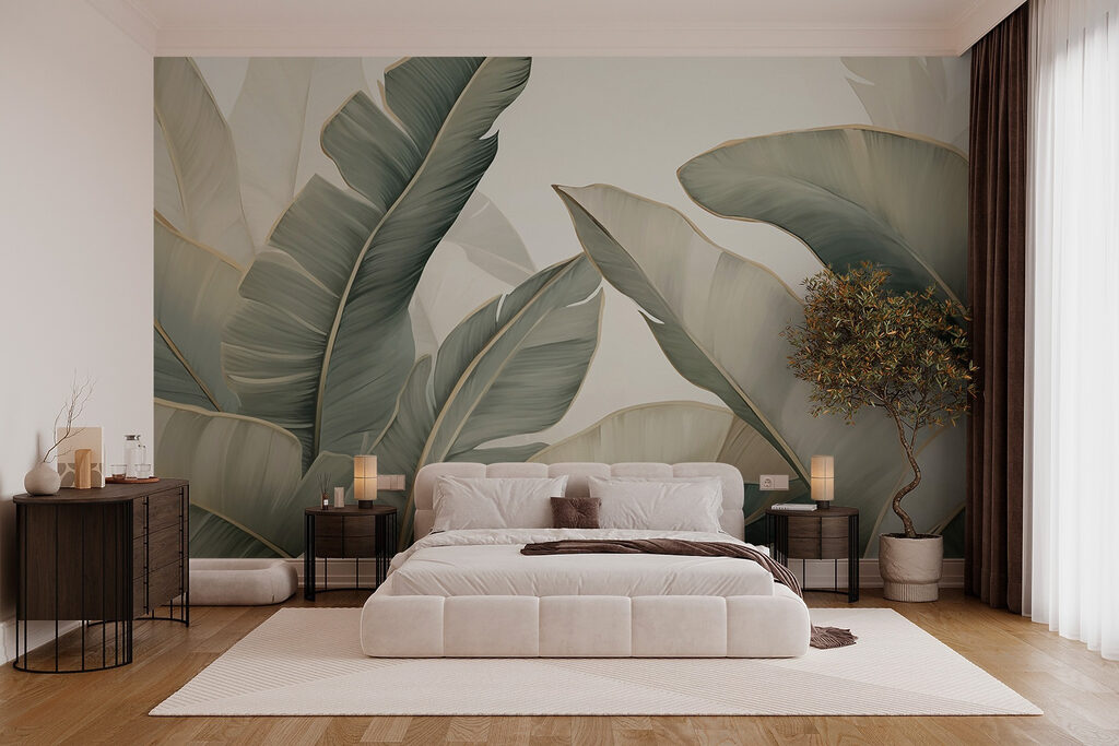 Grandes feuilles vert olive dans un intérieur