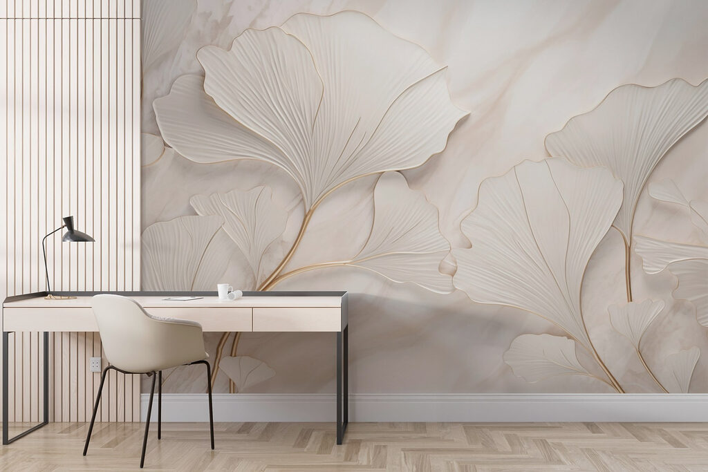 Feuilles sur fond ondulé dans un intérieur
