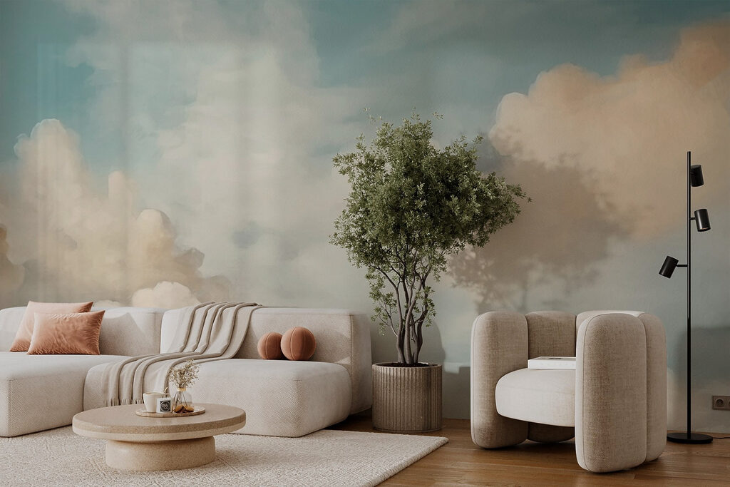 Nuages sur fond turquoise dans un intérieur