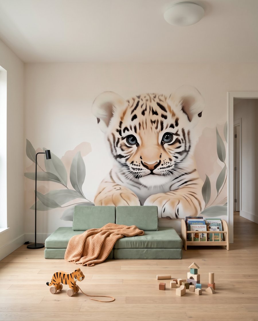 Tigreau parmi les feuilles dans un intérieur