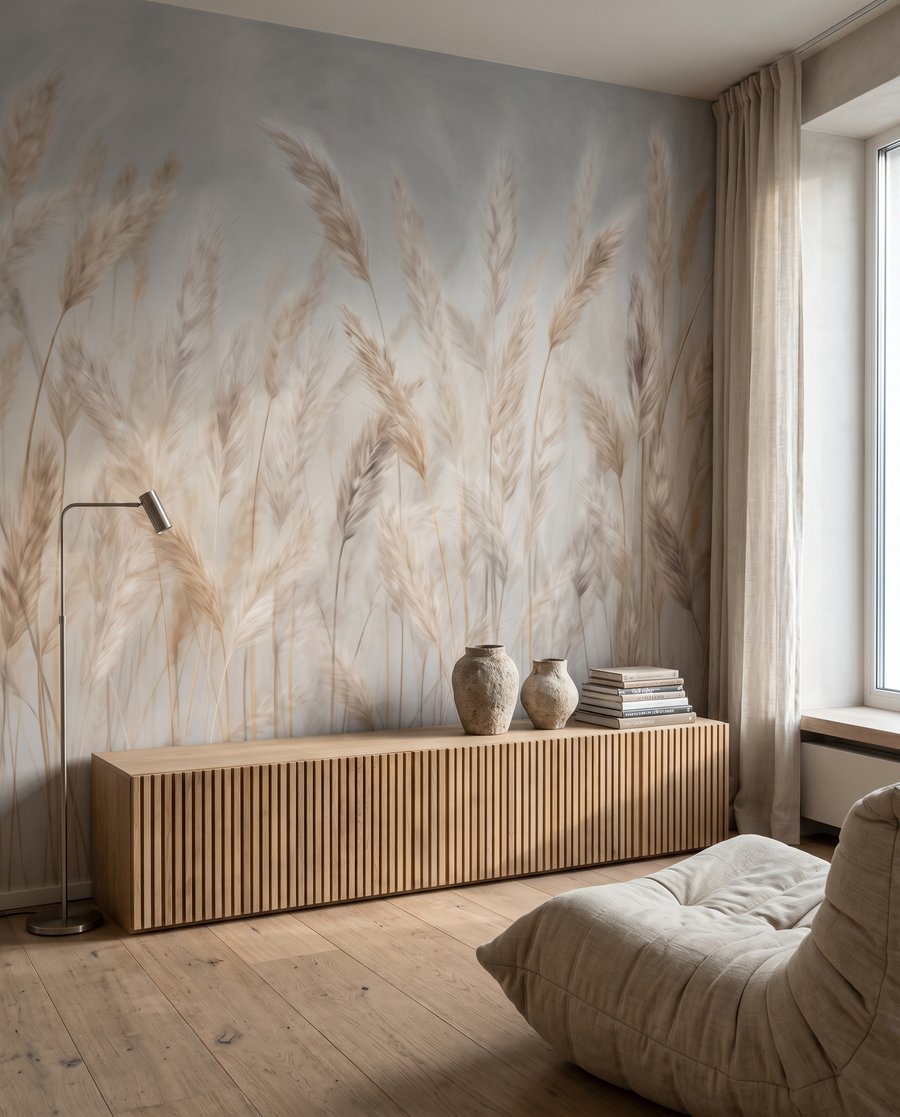 Plumets de graminées pâles dans un intérieur