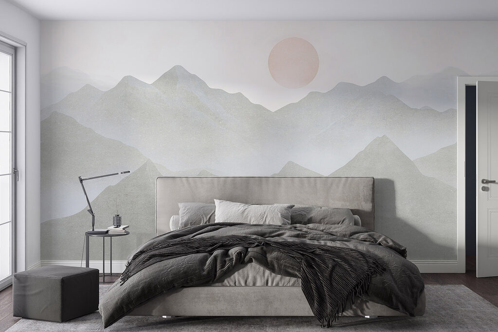 Montagnes et soleil lointain dans un intérieur