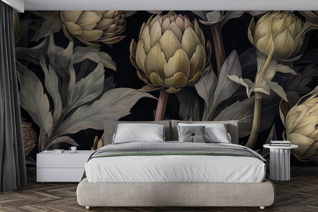 Artichauts et feuilles sombres dans un intérieur