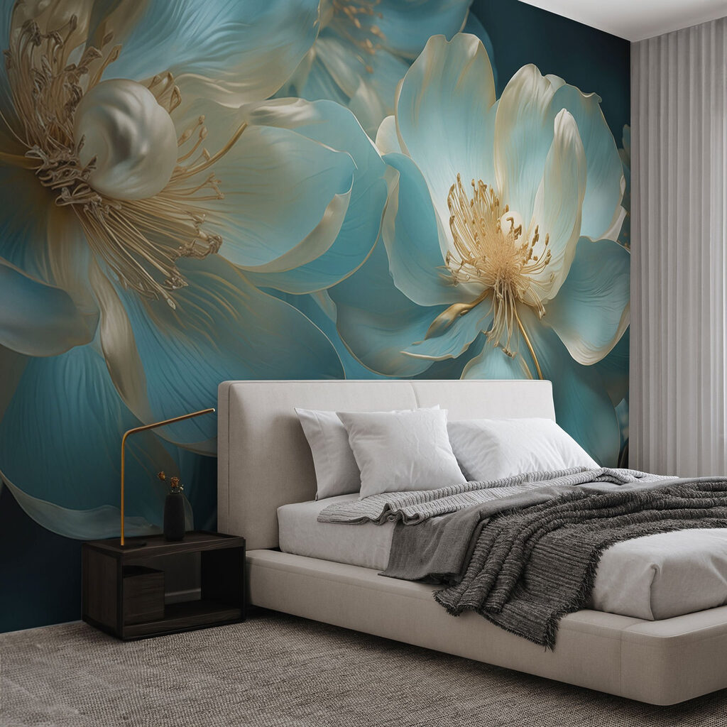 Fleurs turquoise bordées d’or dans un intérieur