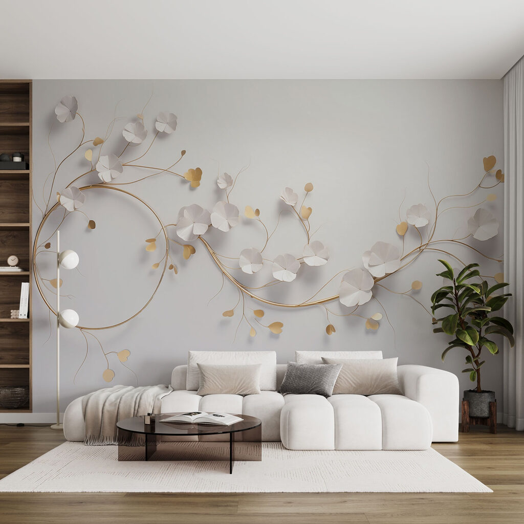 Fleurettes blanches, traits dorés dans un intérieur
