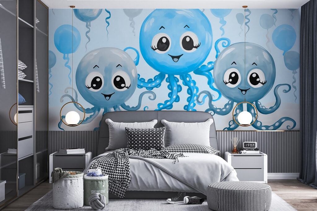 Petites pieuvres et ballons dans un intérieur