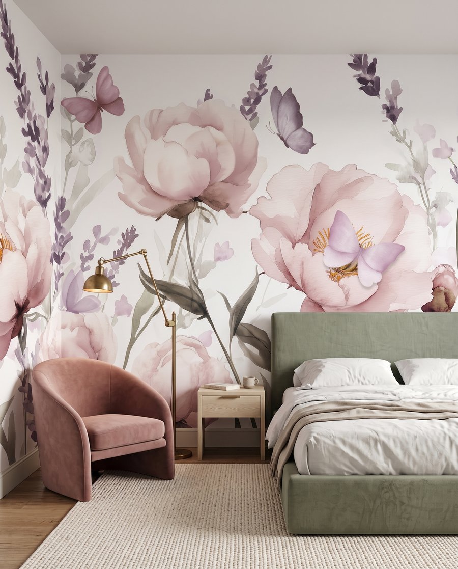 Papillons et grappes fleuries dans un intérieur