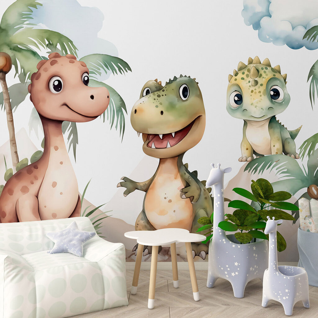 Dinos sous les palmiers dans un intérieur