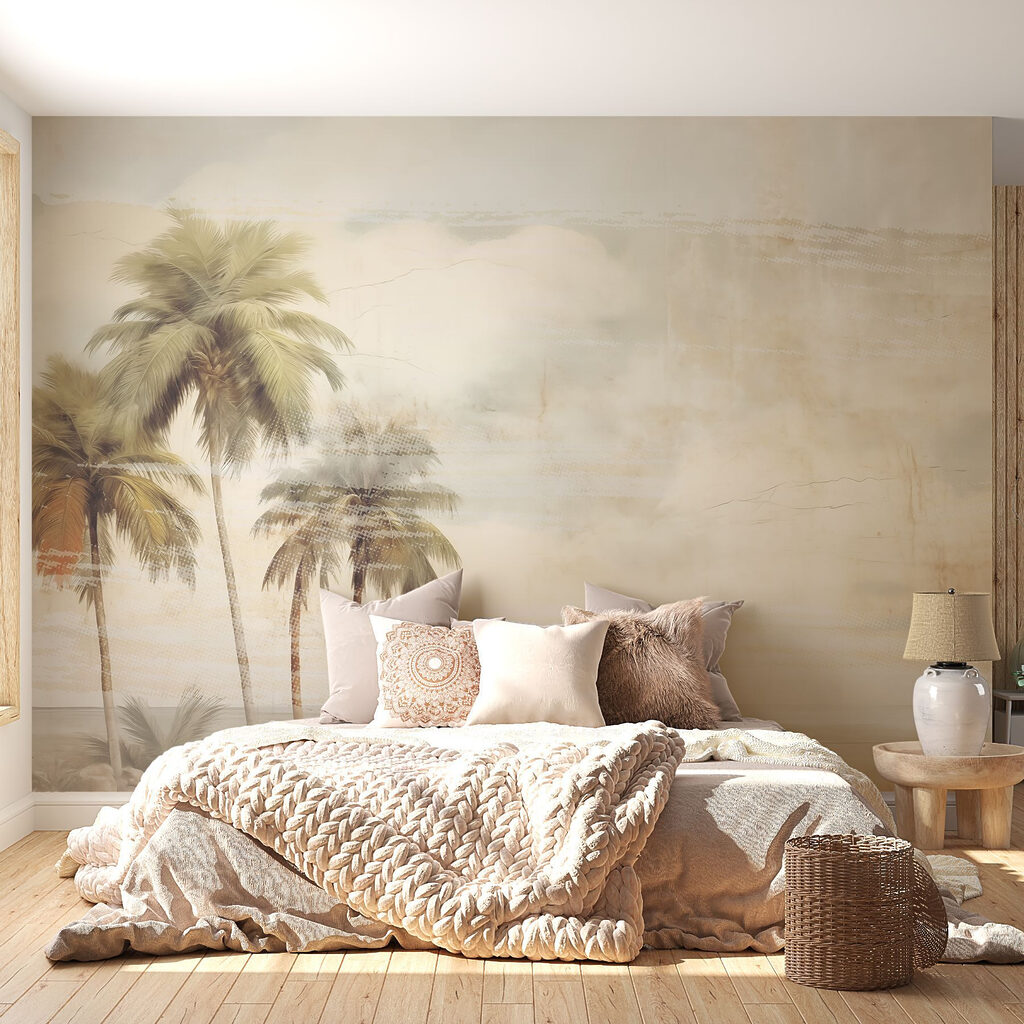 Rivage pâle aux palmiers dans un intérieur